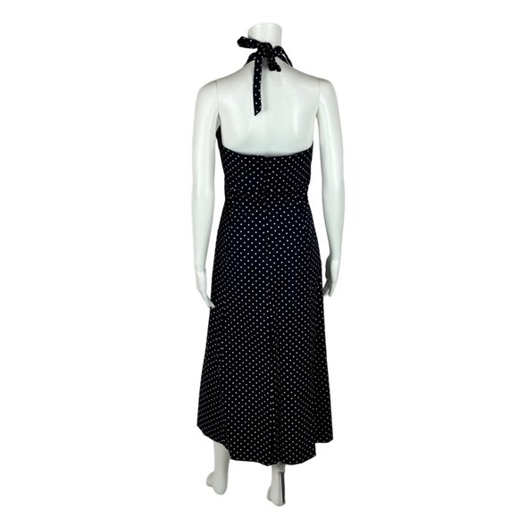 Lands End Polka Dot Dress Women's 14 Navy Blue Halter V-Neck Midi Sundress - Picture 8 of 9